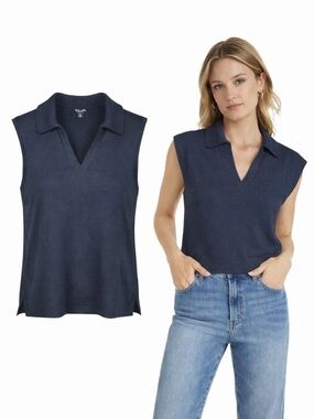 Splendid Navy Sleeveless Sweater Top | Collared V-Neck Knit | Soft Stretch | XS